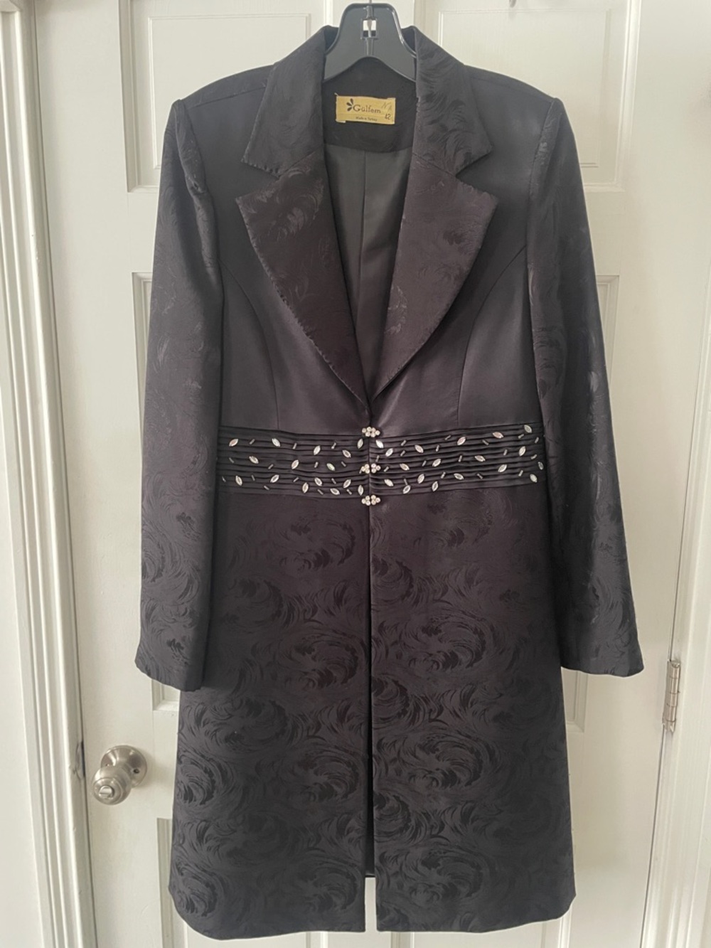 Black Embossed Satin Long Coat with Beaded Waist
